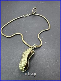 Vintage Unique Art Deco Brass Open Peanut Pendant Two Brown Pears Necklace