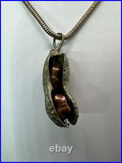 Vintage Unique Art Deco Brass Open Peanut Pendant Two Brown Pears Necklace