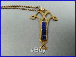 Vintage Unique Art Deco Pendant Necklace Blue Gemstone Gold Filled Rope Necklace