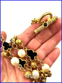 Vintage Unique Art Deco Reviv Gold-black Enamel Long Chain Necklace Toggle Clasp