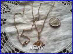 Vintage art deco lavalier diamond pearl pendant necklace 2 tone 10k gold + chain