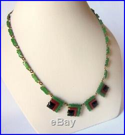 Vintage c. 1920s Art Deco Czech Glass Green Black Red Geometric Choker Necklace