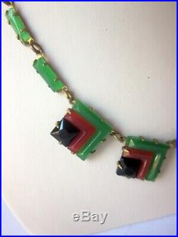 Vintage c. 1920s Art Deco Czech Glass Green Black Red Geometric Choker Necklace