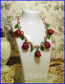 Vintage c. 1940's SCARLET ROSES Celluloid Floral Art Deco Necklace Bakelite Era