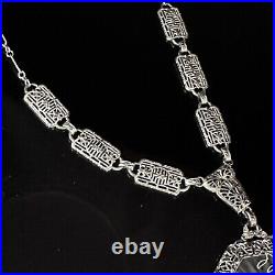 Vintage camphor glass art deco 14k white gold filigree necklace 16