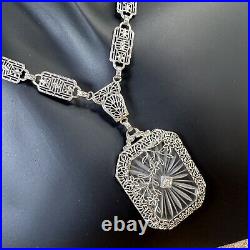 Vintage camphor glass art deco 14k white gold filigree necklace 16