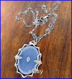 Vintage silver ART DECO SUNRAY BLUE CAMPHOR GLASS DIAMOND CHARM PENDANT necklace