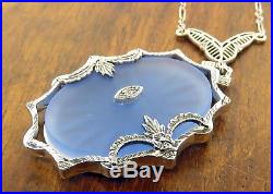 Vintage silver ART DECO SUNRAY BLUE CAMPHOR GLASS DIAMOND CHARM PENDANT necklace
