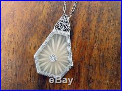 Vintage silver ART DECO SUNRAY CAMPHOR GLASS DIAMOND CHARM PENDANT necklace
