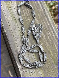 Vntg Antique ART DECO Rhinestone Studded POT METAL Pendant Necklace Choker NICE