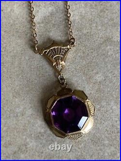 Vtg 10K yellow Gold Art Deco Necklace Amethyst Drop Pendant With 16 Chain