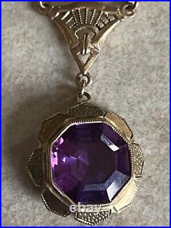 Vtg 10K yellow Gold Art Deco Necklace Amethyst Drop Pendant With 16 Chain