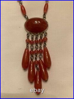 Vtg 1920 MAX NEIGER coral glass tassel art deco silver tone dangle necklace