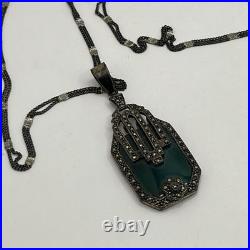 Vtg 1920's Art Deco 925 Sterling Silver Marcasite Green Glass Pendant Necklace