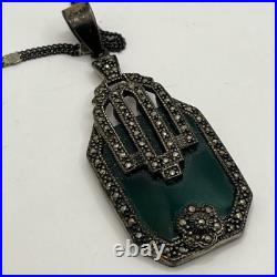 Vtg 1920's Art Deco 925 Sterling Silver Marcasite Green Glass Pendant Necklace