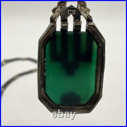 Vtg 1920's Art Deco 925 Sterling Silver Marcasite Green Glass Pendant Necklace