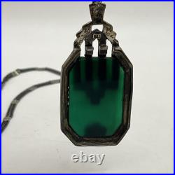 Vtg 1920's Art Deco 925 Sterling Silver Marcasite Green Glass Pendant Necklace