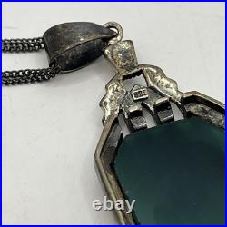 Vtg 1920's Art Deco 925 Sterling Silver Marcasite Green Glass Pendant Necklace