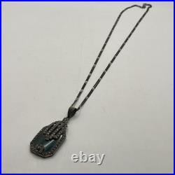 Vtg 1920's Art Deco 925 Sterling Silver Marcasite Green Glass Pendant Necklace