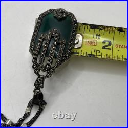 Vtg 1920's Art Deco 925 Sterling Silver Marcasite Green Glass Pendant Necklace