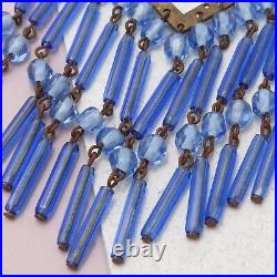 Vtg 1920s Art Deco Signed Czech Blue Glass Dangle Bib Pendant Necklace