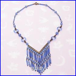 Vtg 1920s Art Deco Signed Czech Blue Glass Dangle Bib Pendant Necklace