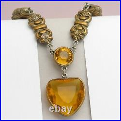 Vtg 1920s Art Deco Trillion Citrine Glass Bezel Set Crystal Pendant Necklace