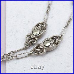 Vtg 1920s Art Deco Trillion Cut Glass Sterling Silver Marcasite Pendant Necklace