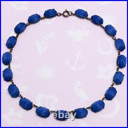 Vtg 1930S Art Deco Signed Czech MELON MUGHAL Blue Glass Necklace