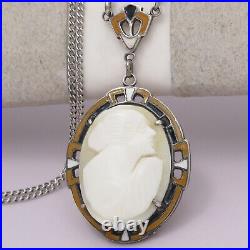 Vtg 1930s Art Deco Carved Shell Cameo Enamel Sterling Silver Pendant Necklace