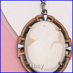 Vtg 1930s Art Deco Carved Shell Cameo Enamel Sterling Silver Pendant Necklace