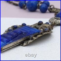 Vtg 1930s Art Deco Czech Blue Geometric Step Glass Pendant Necklace