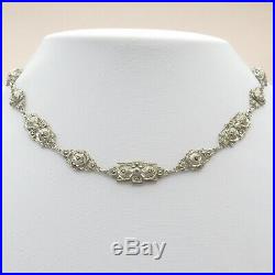 Vtg 1930s Art Deco German Sterling Silver Flower Marcasite Link Necklace