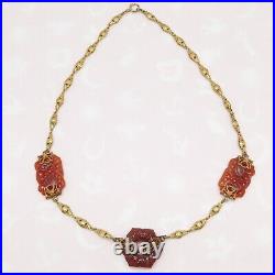 Vtg 1930s Art Deco Molded Carnelian Glass Chinese Necklace