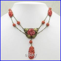 Vtg 1930s Art Deco Molded Flower Coral Glass Dangle Festoon Pendant Necklace