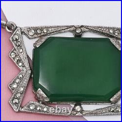 Vtg 1930s Art Deco Natural Chrysoprase Marcasite Sterling Silver Necklace