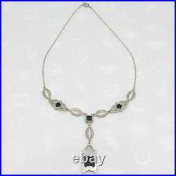 Vtg 1930s Art Deco Natural Onyx Drop Pendant Sterling Silver Marcasite Necklace