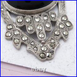 Vtg 1930s Art Deco Natural Onyx Marcasite Sterling Silver Pendant 4 Necklace