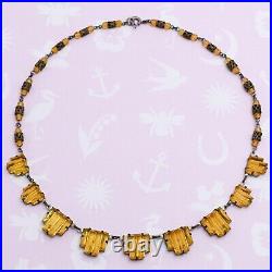 Vtg 1930s Art Deco Signed Czech Yellow Step Glass Necklace
