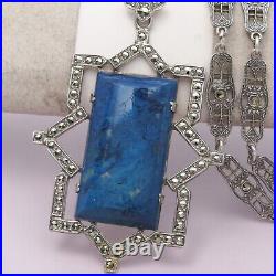 Vtg 1930s Art Deco Sodalite Geometric Marcasite Sterling Silver Pendant Necklace