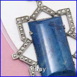 Vtg 1930s Art Deco Sodalite Geometric Marcasite Sterling Silver Pendant Necklace