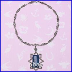 Vtg 1930s Art Deco Sodalite Geometric Marcasite Sterling Silver Pendant Necklace