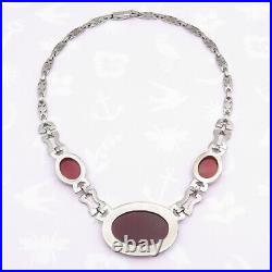 Vtg 1930s Art Deco Sterling Silver Natural Carnelian Marcasite Necklace
