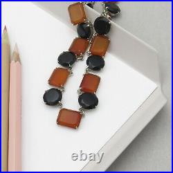 Vtg 1930s Art Deco Sterling Silver Natural Onyx Carnelian Geometric Necklace