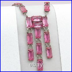 Vtg 1930s Art Deco Sterling Silver Pink Open Back Glass Crystal Dangle Necklace