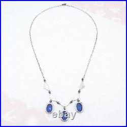 Vtg 1930s Art Deco Sterling Silver Sapphire Glass Dangle Necklace
