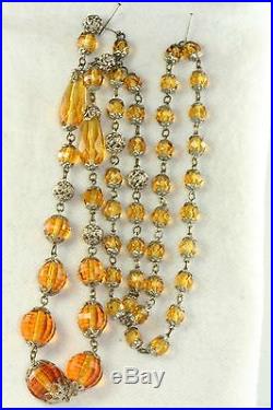 Vtg Antique 1930's Art Deco Amber Yellow Czech Glass Necklace 30 Inch