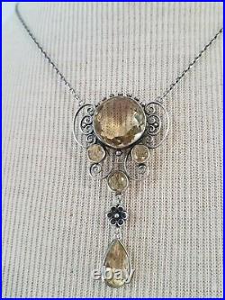 Vtg Antique Art Deco Arts & Crafts Sterling Silver Natural Citrine Necklace