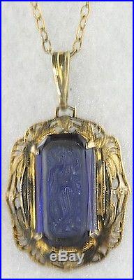 Vtg Antique Art Deco Gold Filled Gorgeous Blue Glass Grecian Intaglio Necklace