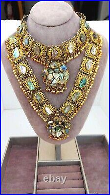 Vtg. (Antique) Art Deco Statement Artisan Abalone Gold Tone 2 Strand Necklace